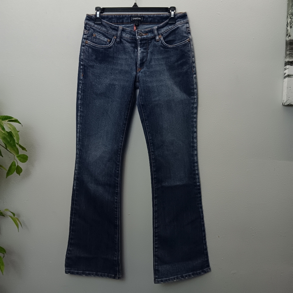 Bebe Womens Dark Blue Jeans Size 28 Flared Leg Distressed